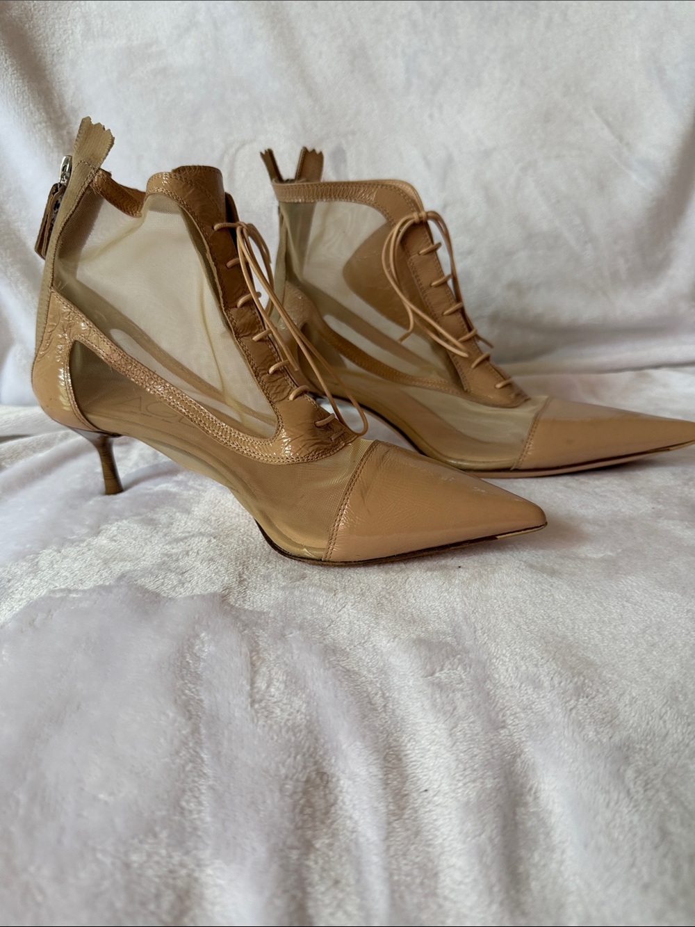 Agl Tan Pointed-Toe Mesh and Leather Lace-Up Ankle Boots